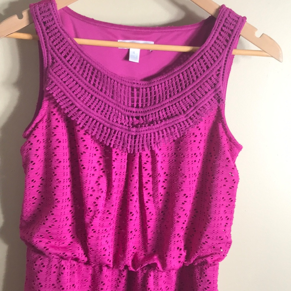 LONDON TIMES Fuchsia Pink Purple Sleeveless Eyelet Elastic Waist Dress 4 EUC - Picture 2 of 5